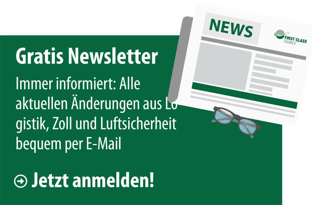 Newsletter Logistik-Zoll-Luftsicherheit Banner für den First Class Newsletter mit News Icon