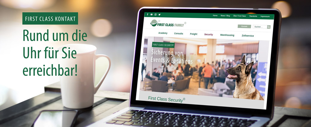 header-kontakt-first-class-security Headerbild mit Text: Rund um die Uhr für Sie erreichbar